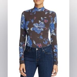Free People Blue and Brown Floral Fitted Top with Mandarin Collar